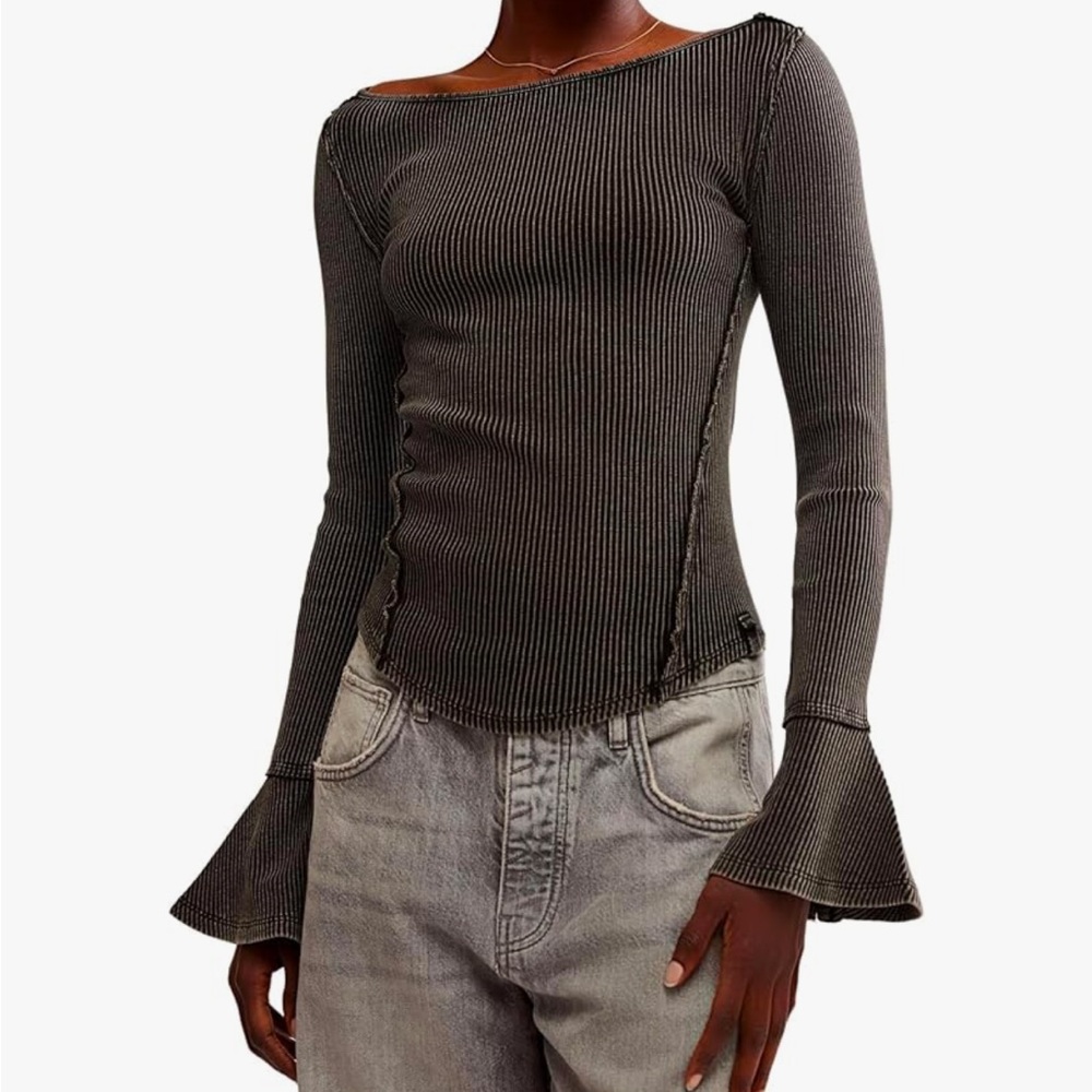 Free people Black Ribbed Long Sleeve Top with Flared Cuffs